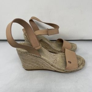Tory Burch Womens Leather Canvas Peep Toe Ankle Strap Wedges Beige Size 6.5